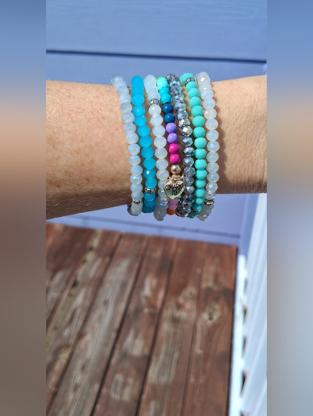 CHARM IT! Multi-Strand Crystal Beaded Bracelet 7 Stack, Greens, Silver, Rainbow